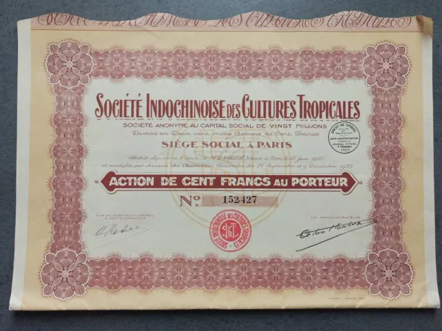 Ancien Titre/Action, Société Indochinoise Des Cultures Tropicales, 1925