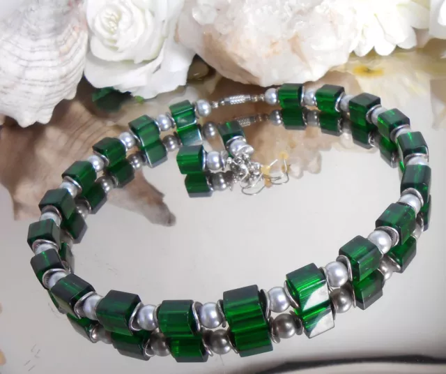 2er Set Edelstahl Halsreif / Collier + Ohrringe Würfel Glas 10 mm + Dunkel Grün