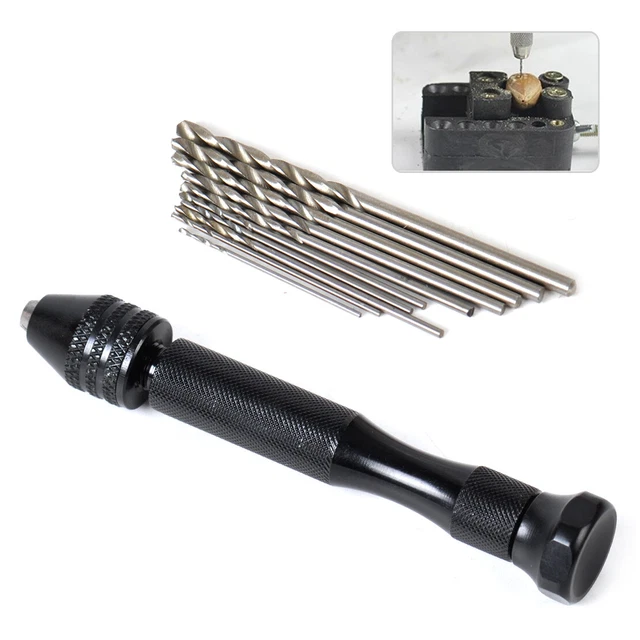 Mini Micro Aluminum Hand Drill Keyless Chuck + 10 Twist Drill Bits Rotary Tools