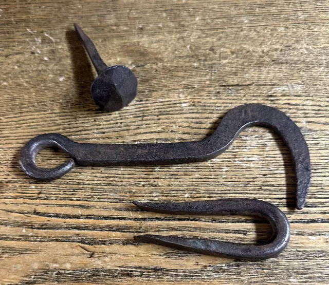 Early 6” Antique Hand Forged Iron Barn Door Hook, Staple & Nail