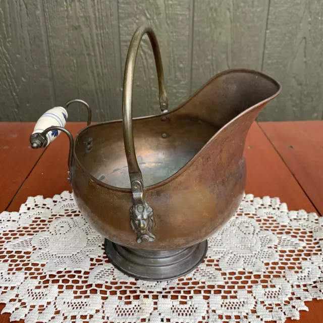 Coal Ash Scuttle Bucket with White Blue Porcelain Handle Antique Copper & Brass