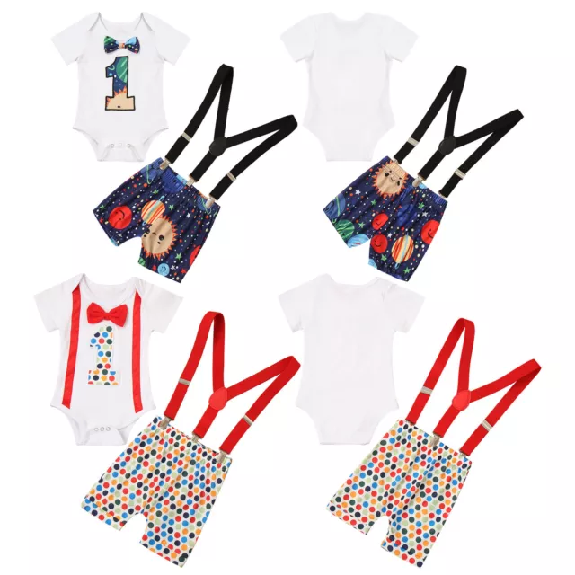 Baby Boys 1st Birthday Outfit Bow Tie Front Romper Suspender Shorts Clothes Sets