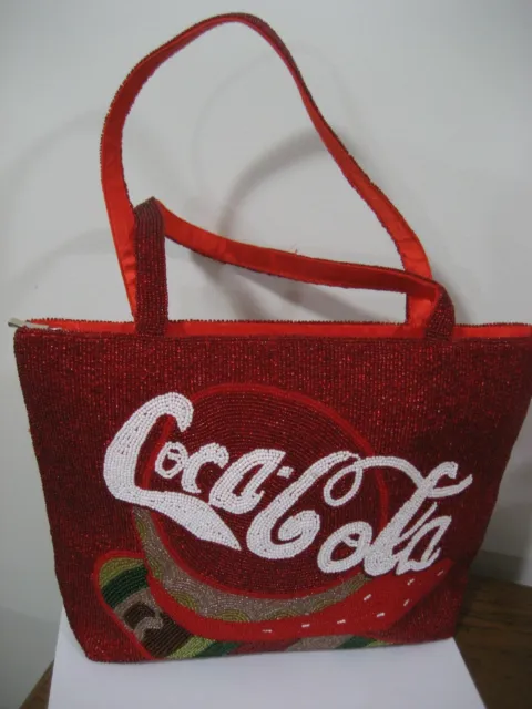 Coca Cola Fully Beaded Unique Zippered Tote Bag / Purse with Satin Lining