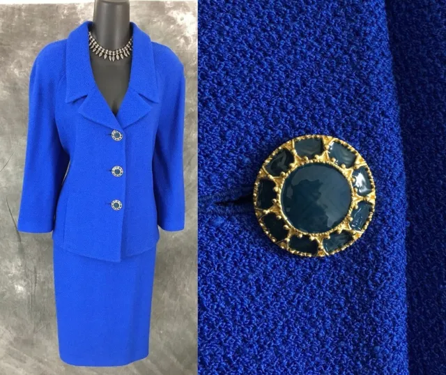 BEAUTIFUL st john collection knit blue jacket skirt suit size 8 10