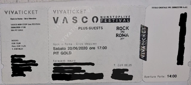 Biglietto Concerto Vasco Rossi "Vasco Nonstop Live" Roma 12.06. Settore Pit Gold