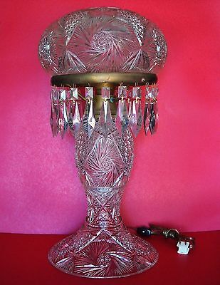 LARGE OLD American Brilliant Crystal Hand Cut Glass Table Lamp w/ Brass Fittings