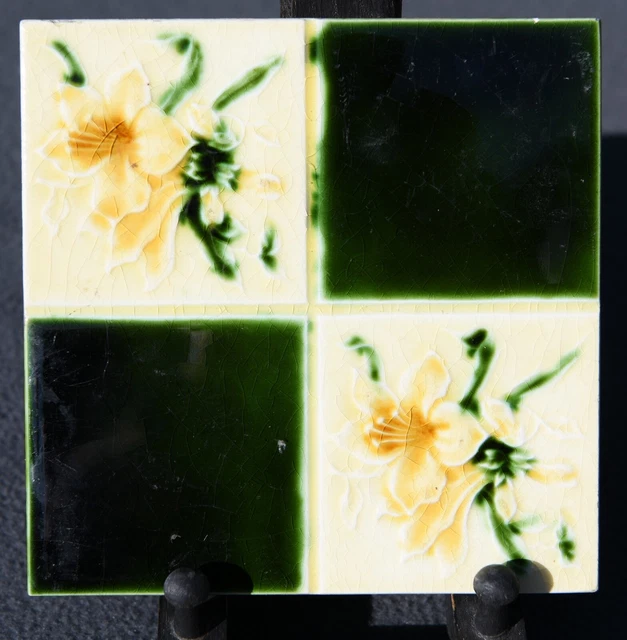 Antique Art Nouveau Majolica Tile Pilkington Quartered Green Gothic Flower