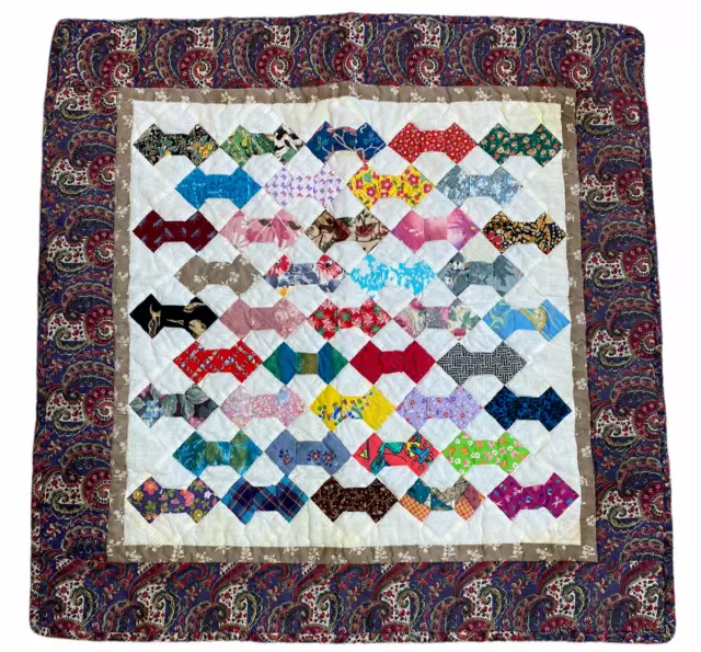 1990S Scrappy BOW TIE Quilt 26.5 x26.75 inches Hanging Handmade Machine Quilted