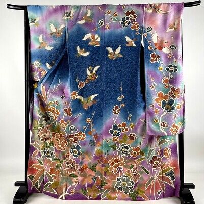 Japanese kimono SILK"FURISODE" long sleeves, Gold leaf, Birds, Peonies, 66".2721
