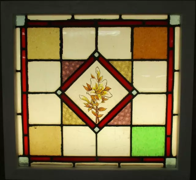 OLD ENGLISH LEADED STAINED GLASS WINDOW Hand Painted Floral 22.5" x 21.5"