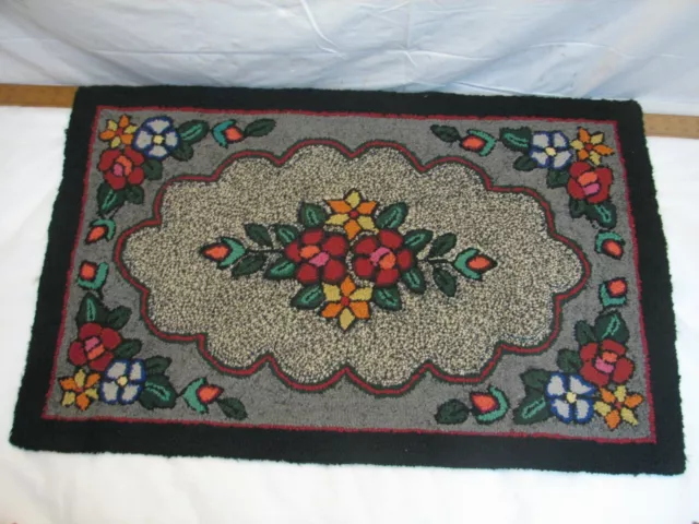 Antique Hooked Rug Art Kitchen Mat Hand Made Floral Flowers Garden Runner M