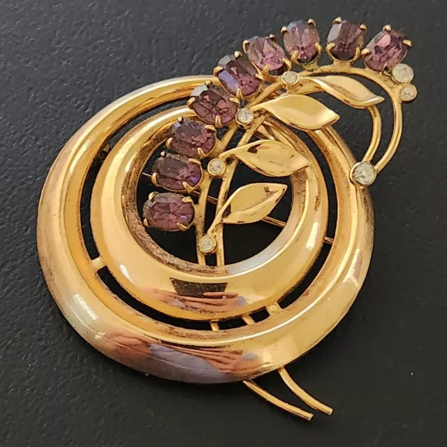SIGNED CORO Vintage Brooch Pin Purple Clear Glass Rhinestones Gold Tone 204