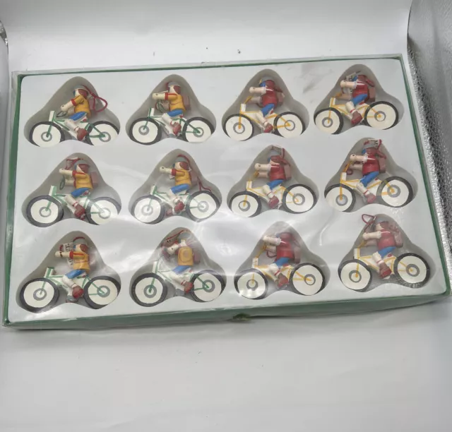 12 Vintage Midwest Importers Wooden Ornaments Person On A Bike - NOS