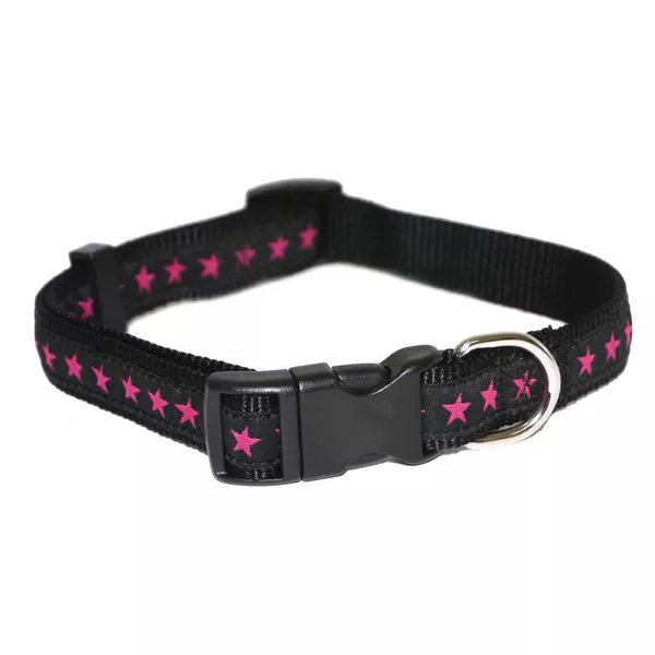 Rosewood Adjustable Nylon Dog Puppy Collars Leads Black & Pink Stars Wag'n'walk