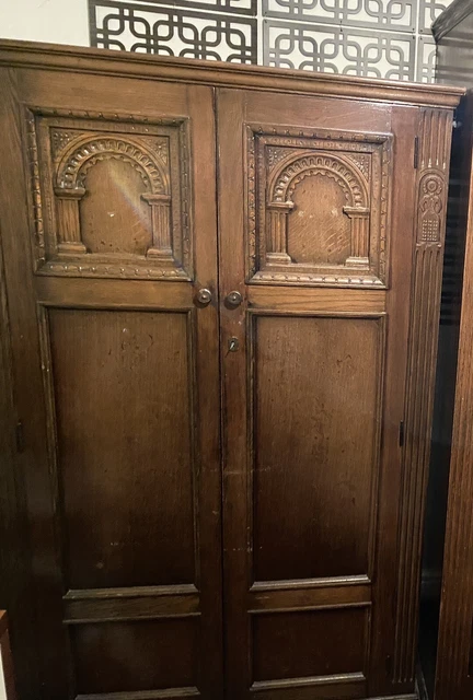 Superb Arts & Crafts Carved Oak Compactum Wardrobe - Locks Of London