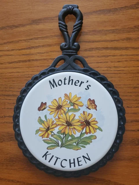 Vintage Ceramic Tile Trivet Hot Plate Cast Iron 70s Mother's Kitchen Deco 11.25"