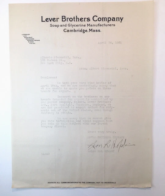 1921 Lever Brothers Company Soap Glycerine Manufacturers Letterhead about Export