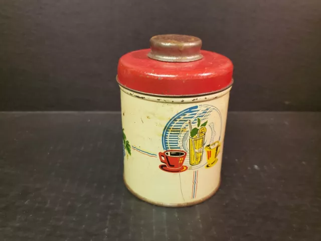 Vintage 1940s-50s Metal Tin canister Beverage Motif Red Top 4" x3"