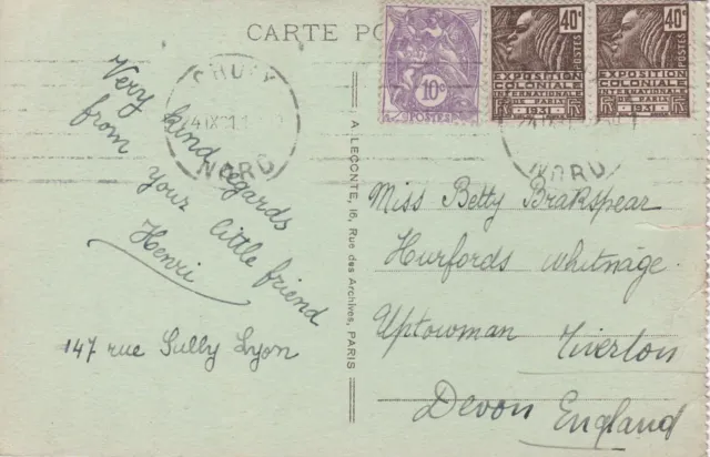 1931 France card sent from Nord dept to Tiverton Devon England