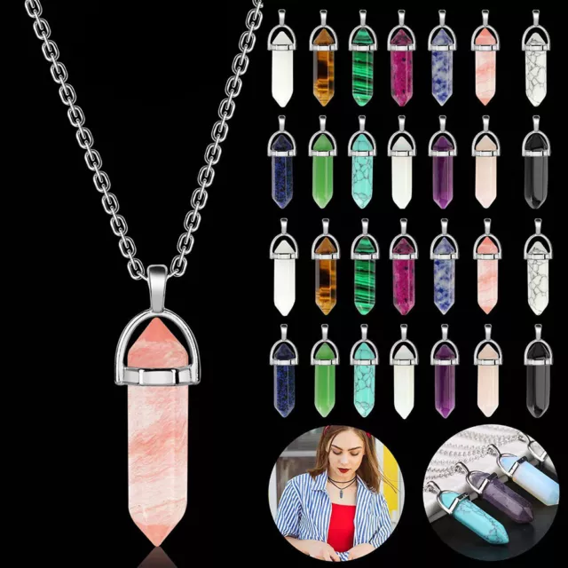 80X Hexagonal Simulated Pointed Stone Quartz Energy Necklace Jewelry Pendant DIY