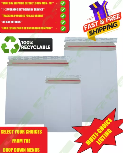 A5 & A4 White All Board Postal Mailers Envelopes Peel/Seal Easy Open Tear Strip