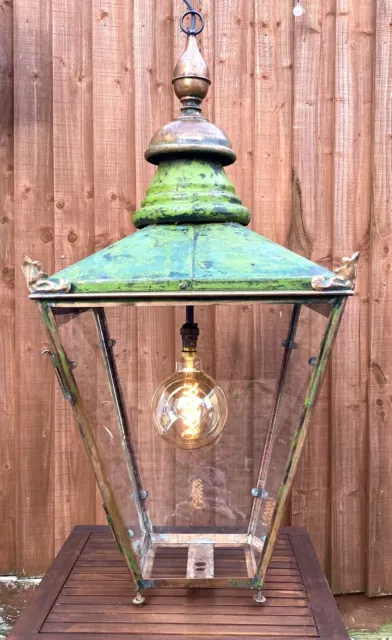 Antique Victorian 1880 Ceiling Hanging Copper Gas Verdigris Hall Lantern Light