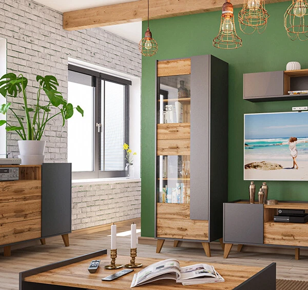 Vetrina stand Skandi soggiorno vetrina in vetro 63 cm grafite wotan rovere