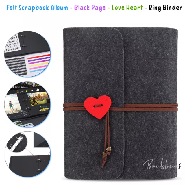 Love Heart Felt Photo Album Black Pages Scrapbook Album w Ring Binder 60 Pages.