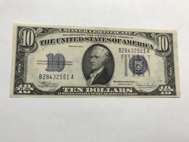  1934 C $10 Ten Dollar Silver Certificate Note Blue Seal almost uncirculated