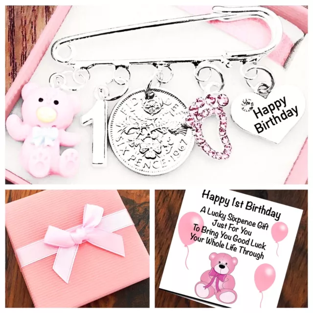 1St Birthday Gift,  Girl/Boy, Sixpence, Teddy Bear, Pin, Gift Box & Gift Card