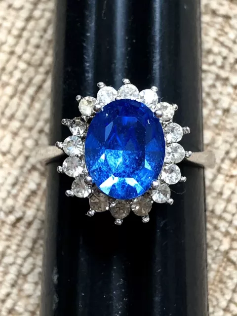 Women’s 8 Oval Blue Sapphire CZ 925 Sterling Silver Gemstone Cocktail Ring 3.3 G