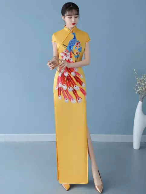 Elegant Chinese Ttyle Mandarin Collar embroidery Cheongsam Evening Banquet Gown_