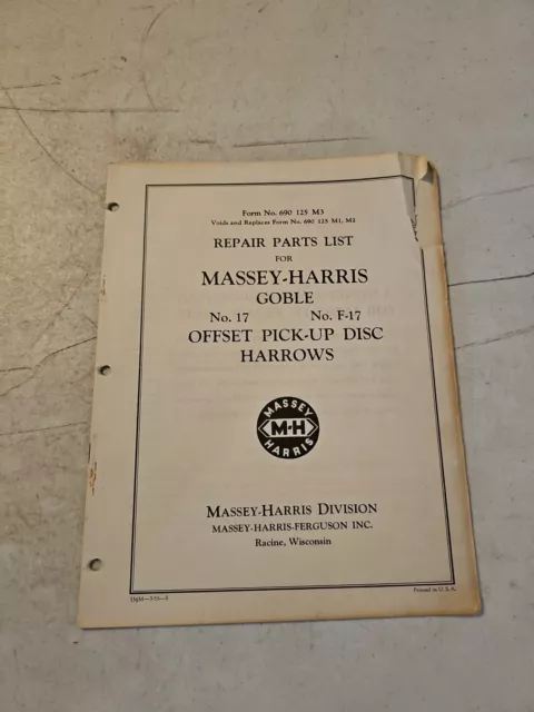Vintage 1955 Massey Harris Goble 17 F-17 Disc Harrows Repair Parts List