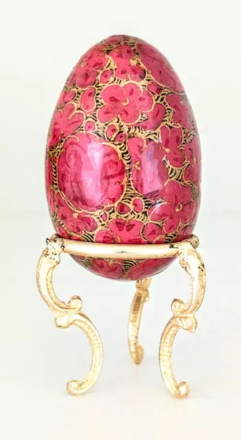 Vintage Hand Painted  Decorative Easter Egg Metal Stand 4" Tall Red Gold Flowers