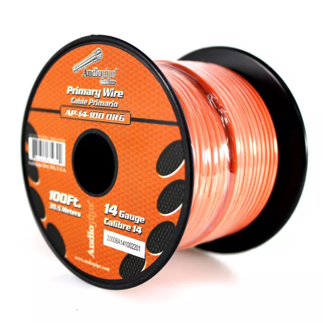 Audiopipe 14 ga 100 ft CCA varado primario alimentación a tierra carrete naranja