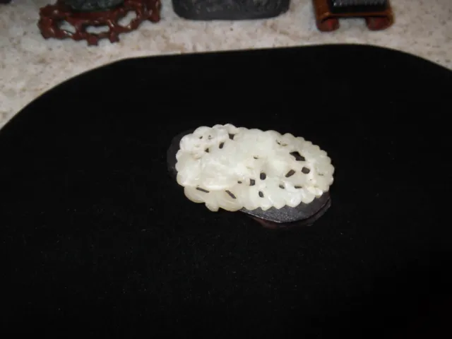 Antique Chinese Carved White Jade Medallion Or Toggle With Wood Stand