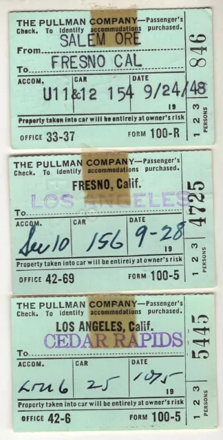 3 1948 Pullman Company Seat Tickets Southern Pacific Co. RR OR, CA