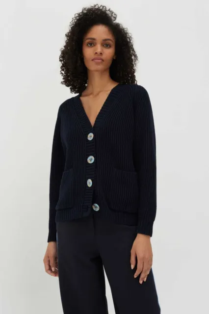Chinti & Parker Navy Blue Marble Button Rib-Knit Cardigan Chunky Sweater Size M