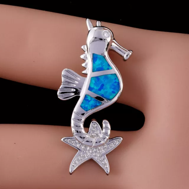 Ocean Blue Fire Opal Seahorse and Starfish Silver Jewelry Pendant for Necklace