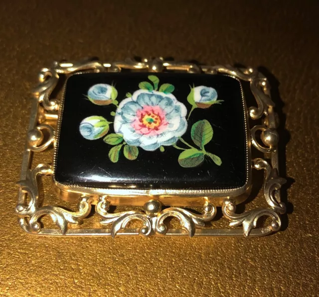 Antique Hand Painted Blue Flower Black Enamel Brooch Ornate Gold Lg Art Nouveau