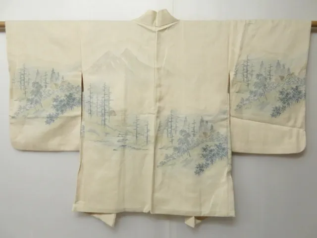 0508T04z570 Vintage Japanese Kimono Silk HAORI Off-white Scenery