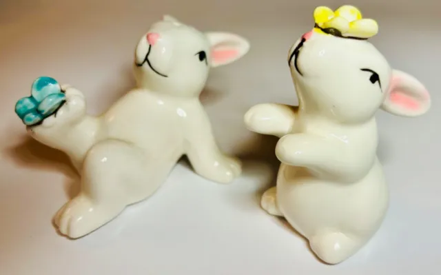 Ceramic Bunny Rabbits with Butterflies Salt and Pepper Shakers, Easter
