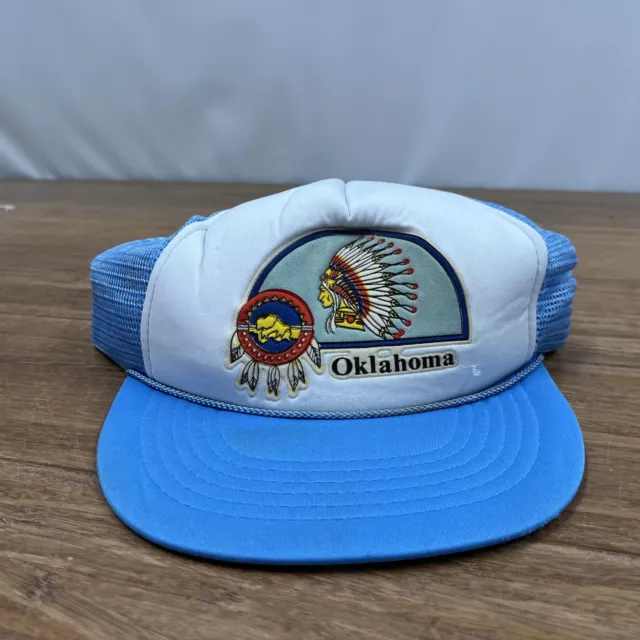 VTG NWOT Oklahoma Blue Indian Chief Bust Mesh Foam Rope Snapback Trucker Hat Cap