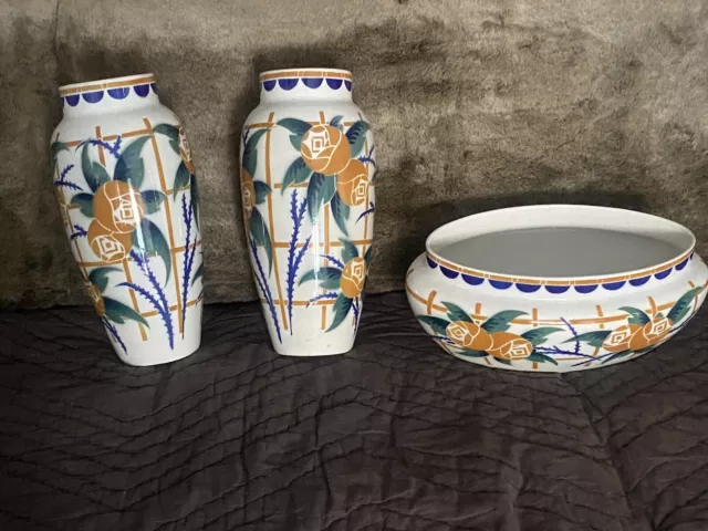 Paire De Vase Et Jardinière Art Déco Modèle Agnès Géo Condé Kg Luneville