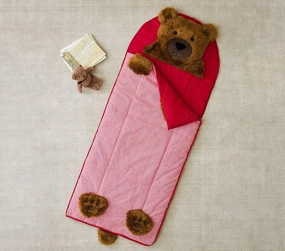 Pottery Barn Kid- Shaggy Teddy Bear Sleeping Bag- Monogramed HARVEY- Red Checked