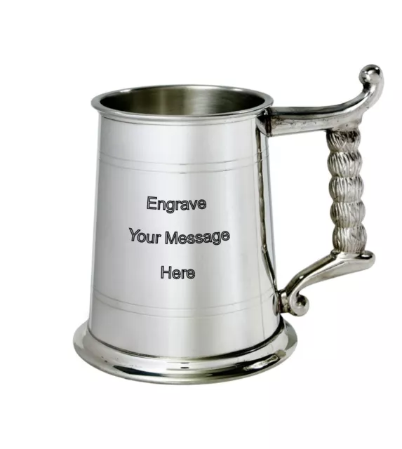 NEW Personalised 1 Pint Rope Handle Polished Pewter Tankard Any Message Engraved