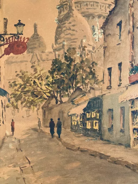Très Beau Dessin Peinture Papier Aquarelle Rue Montmartre Sacré Cœur 1930 Ancien