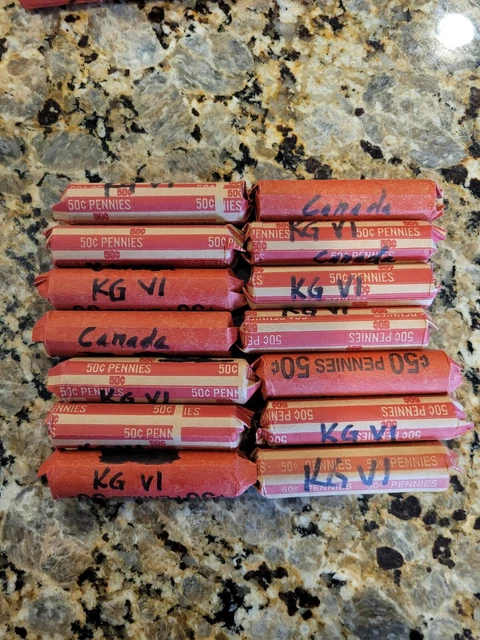 Lot of 2 rolls(100 coins) Canada One Cent King George VI Penny - 1937 to 1952