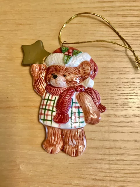 Vintage Fitz And Floyd Teddy Bear Christmas Ornament Star Santa Hat Scarf 1992