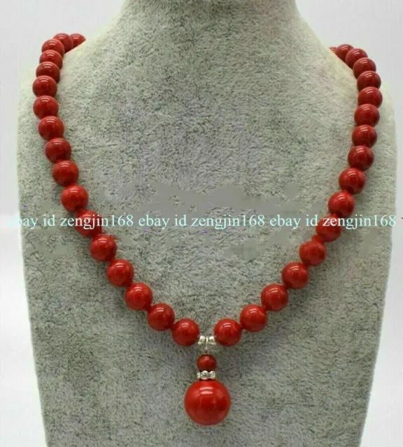 Fashion 8mm South Sea Red Coral Round Gemstone Beads Pendant Necklace 18'' AAA+